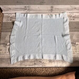 Vintage Morgan Mini Light Blue Waffle Knit Baby Blanket Satin Trim